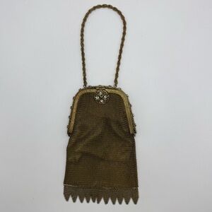 Antique Flapper Art Deco Brass Gold Mesh Purse Rhinestone Hinged Clasp Brass